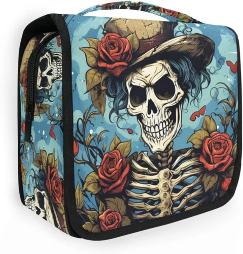 Miniatura 17 de MNSRUU Neceser colgante con diseño de calavera y girasol, bolsa de maquillaje de viaje para artículos de tocador, organizador de artículos