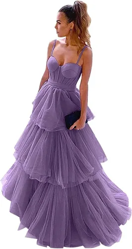 Vestidos de graduación de tul para mujer, con volantes, lazo largo, tirantes delgados, corsé, escalonado, formal, vestidos de fiesta de noche