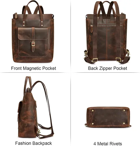 Miniatura 9 de S-ZONE Mochila de piel auténtica para mujer, con estilo retro, estilo vintage