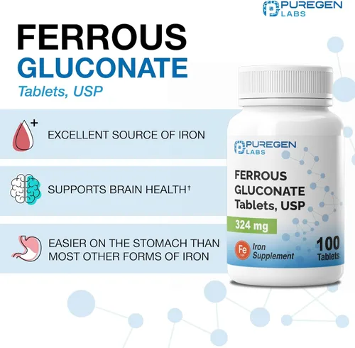 Miniatura 3 de Puregen Labs Gluconato Ferroso 324 mg [Alta Potencia] Suplemento de Hierro, Suave para el Estómago 3 Paquetes - 300 Tabletas Total