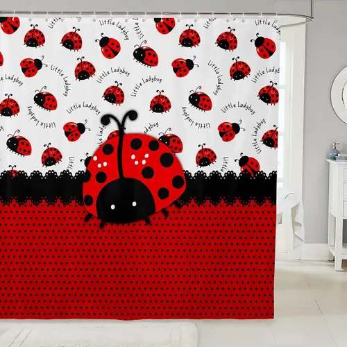 Miniatura 14 de Manfei Cortinas de ducha para niños con lazo de dibujos animados, diseño de mariquita, escarabajo, insecto, niñas, niños, cortinas impermeables