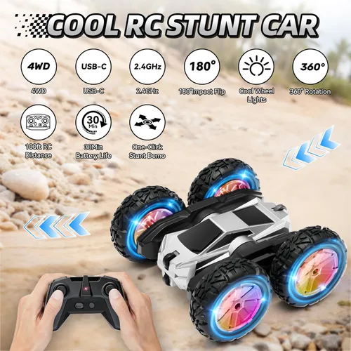 Miniatura 2 de MACALOCA Coche de control remoto, juguetes de autos RC para niños de 4 a 7 años, 6 a 12 años, auto de acrobacias RC 4WD con luces y rotación