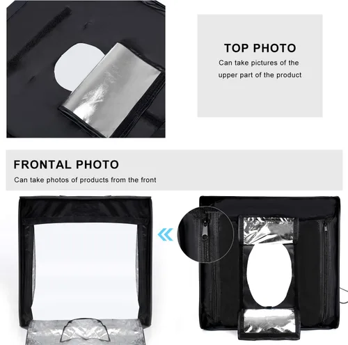 Miniatura 5 de Caja de luz de estudio fotográfico de 16 x 16 pulgadas para fotografía con luces LED, tiendas de campaña portátiles con 4 telones de fondo