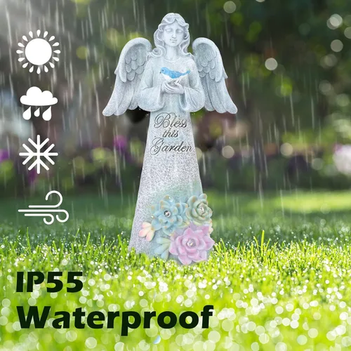 Miniatura 7 de Estatua de jardín de ángeles, decoración al aire libre, jardín de ángel sosteniendo pájaro con luces solares, regalos de jardinería para mamá