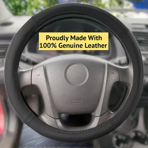 Miniatura 2 de Funda para volante, negra, de piel auténtica auténtica, pequeña, de 14 pulgadas, para hombres y mujeres, universal, elástica, resistente al calor