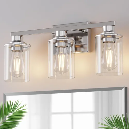 Miniatura 64 de DORESshop Lámparas de baño, 3 luces negras y doradas para baño sobre espejo con pantalla de vidrio transparente, luces de tocador para baño, Negro