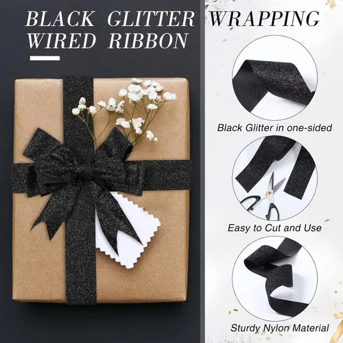 Miniatura 3 de LOYIM Cinta negra con purpurina de 20 yardas, cinta brillante con borde cortado para envolver regalos, manualidades, coronas, Navidad, árboles
