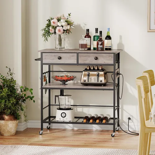 Miniatura 7 de HOOBRO Isla de cocina con almacenamiento, carrito de isla rodante para cocina con 2 cajones y tomacorriente, estación de café de 3 niveles y soporte