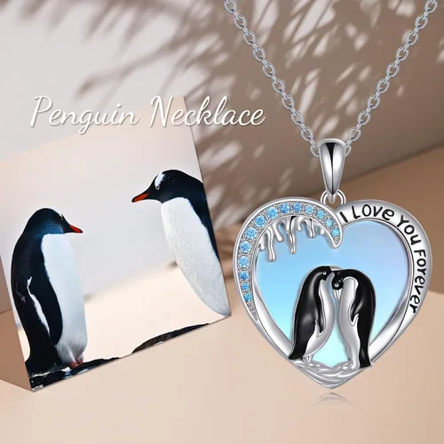 Miniatura 4 de Collar con colgante de pingüino, gato, caballo, elefante, lobo, colibrí, jirafa, águila, collar de plata de ley con la frase "I Love You Forever