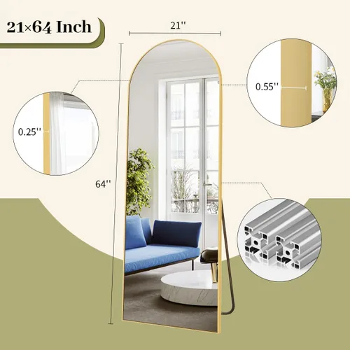 Miniatura 4 de BEAUTYPEAK Espejo de cuerpo completo de 64"x21", espejo de piso de cuerpo completo con arco, espejos de pared para colgar o apoyar con parte Dorado