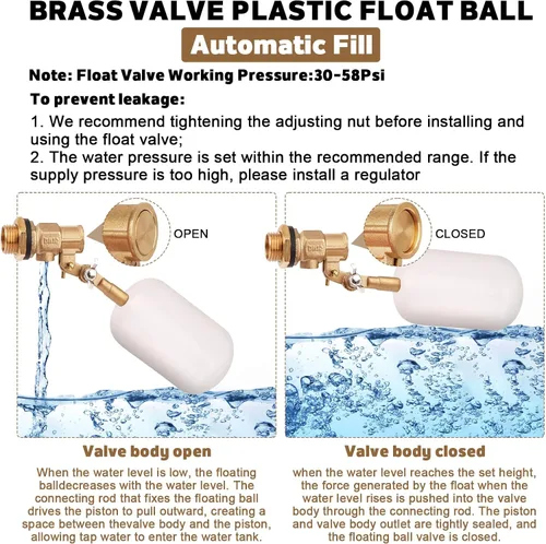 Miniatura 6 de Válvula de flotador de agua de 1/2 pulgada, válvula de bola flotante de latón con brazo ajustable, llenado automático y válvula de control de nivel