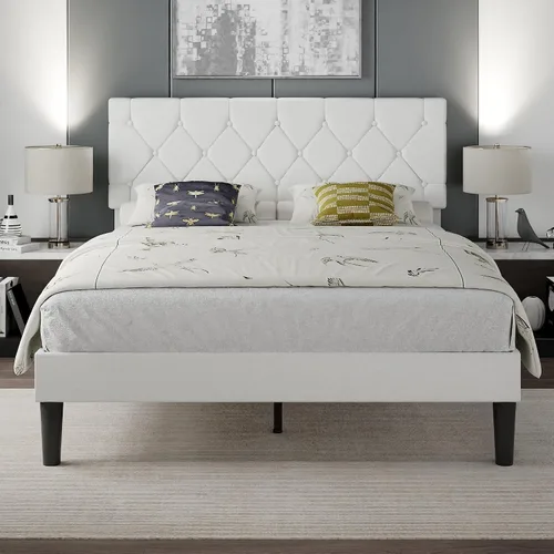 Miniatura 12 de VECELO Base de cama tamaño completo con cabecera capitoné con botones, plataforma tapizada con soporte de listones de madera, no necesita somier