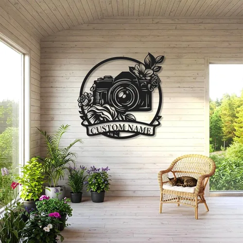 Miniatura 3 de Letrero de metal personalizado para fotógrafo, arte de pared de hierro para cámara y niña con cámara, decoración única con temática de fotografía