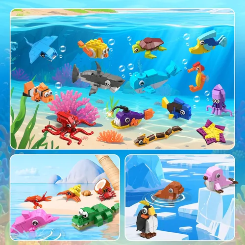 Miniatura 6 de Paquete de 30 recuerdos de fiesta de animales para niños, 824 piezas de juguetes de bloques de construcción de animales marinos para bolsas
