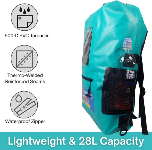 Miniatura 3 de Mochila impermeable de 28 L, bolsa seca verde azulado para teléfono celular con ventana exterior para un fácil uso durante todos los deportes