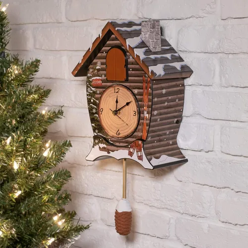 Miniatura 2 de Mark Feldstein Snowy Cabin Singing Cardinal - Reloj de cuco navideño con sonido de pared, 14 x 10 pulgadas