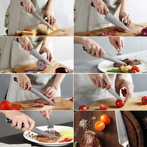 Miniatura 5 de NANFANG BROTHERS Juego de cuchillos de cocina de Damasco de 15 piezas con acero de Damasco japonés de 67 capas, mango ergonómico ABS para juego