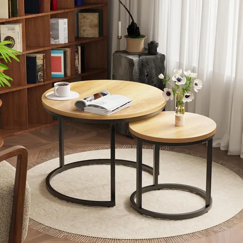 Miniatura 3 de Smuxee - Juego de 2 mesas de café anidadas, mesa redonda de café de 23.6" de madera marrón con pies antideslizantes ajustables, mesa auxiliar