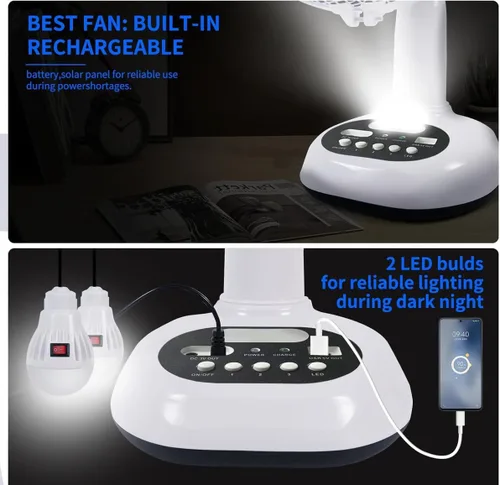 Miniatura 8 de Ventilador recargable VENTO con panel solar, puerto USB, luz LED nocturna y 2 bombillas gratis. Refrigeración ecológica