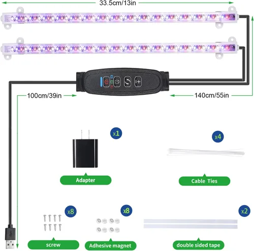 Miniatura 7 de RWNTAO Lámpara de cultivo de dos tiras para plantas de interior, tiras de luz LED de espectro completo rojo, azul y amarillo, con temporizador