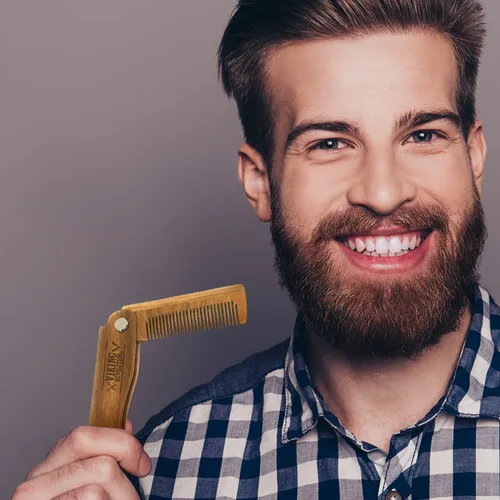Miniatura 4 de Peine plegable para barba con bolsa de transporte para hombres, peine de madera natural con caja de regalo, peine de sándalo verde para aseo