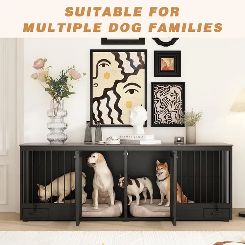 Miniatura 5 de Mueble estilo jaula para perros grande para 2 perros, perrera de madera resistente de 86.6" con cajones y divisor para comedero de perros, perrera
