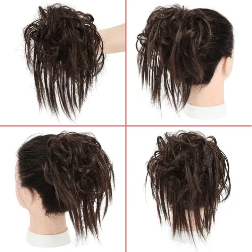 Miniatura 2 de KETHBE Pieza de Cabello para Moño Despeinado, Sintético Despeinado Recogido Coleta Corta Coletero de Cabello Falso con Banda Elástica de Goma Moño