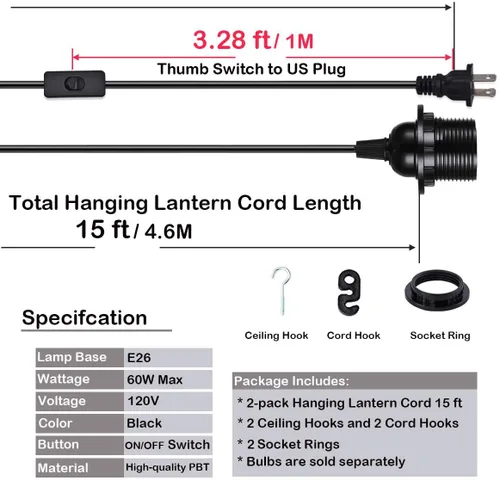 Miniatura 2 de HESSION Paquete de 2 luces colgantes enchufables de 15 pies, cable de extensión negro con interruptor de encendido/apagado en línea, enchufe E26 E27
