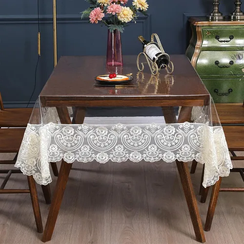 Miniatura 11 de Mantel rectangular de plástico transparente de vinilo impermeable, borde de encaje bordado, mantel transparente para comedor, cocina al aire libre