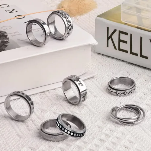 Miniatura 6 de BiCINE Anillo para la ansiedad para mujeres y hombres 8 unidades anillos para la ansiedad de acero inoxidable anti ansiedad anillos giratorios