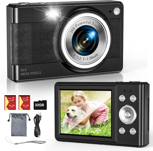 Cámara digital mejorada, 56MP FHD 1080P para niños con zoom 16x anti-sacudida, tarjeta TF de 32GB, dos baterías, cordón, compacta pequeña para niños
