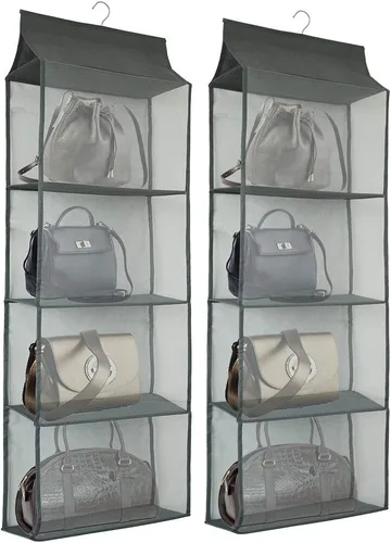 Soporte para bolso de armario, bolso colgante que ahorra espacio, organizador de bolsa con 4 estantes grandes de malla resistente para armario