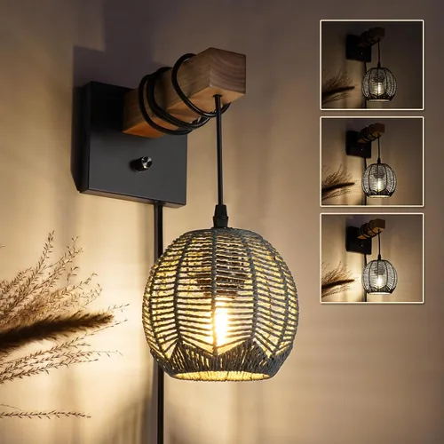Miniatura 13 de N12-3 Aplique de pared de ratán bohemio de dos luces, accesorios de tocador para espejo, pantalla tejida en cruz y lámpara de pared cableada