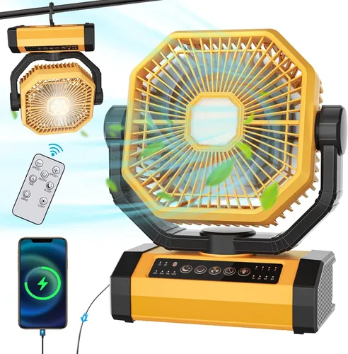 Ventilador recargable portátil de 70 horas 20000 mAh de 9 pulgadas con oscilación automática/remoto/temporizador/luz LED, ventilador de camping para