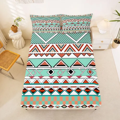 Miniatura 35 de Juego de ropa de cama occidental tamaño individual, sábanas aztecas, estilo nórdico exótico, bohemio, sábana bajera ajustable de tribu india