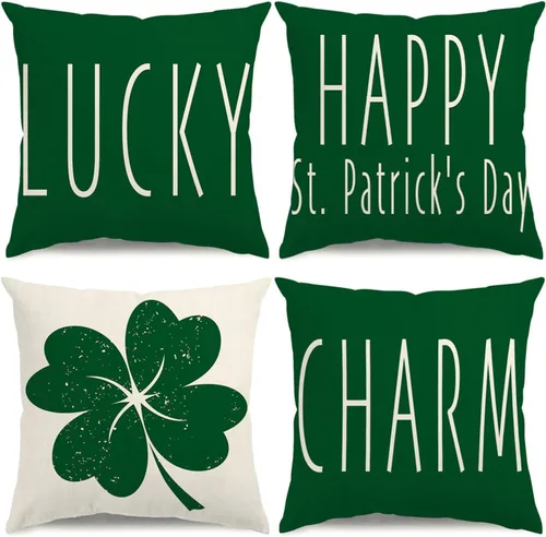 Juego de 4 fundas de almohada del Día de San Patricio de 16 x 16 pulgadas, decoraciones del día de San Patricio, diseño de trébol de la suerte,