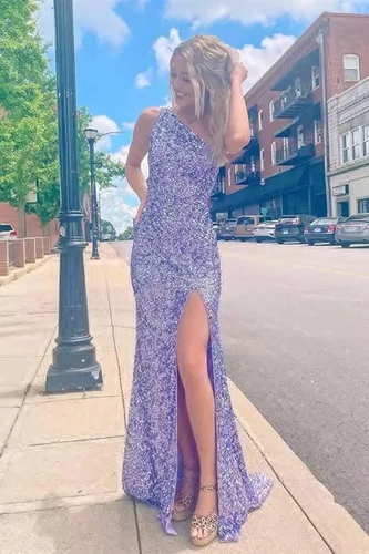 Miniatura 4 de Rjer One Shoulder Prom Dresses 2023 Sequin Formal Dresses Long Evening Gowns Slit Wedding Party Dresses
