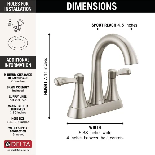 Miniatura 5 de Delta Faucet Esato Centerset - Grifo de baño de níquel cepillado, montaje de drenaje incluido, níquel cepillado SpotShield 25897LF-SP Spotshield