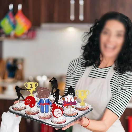 Miniatura 3 de Rsstarxi Paquete de 30 adornos para cupcakes de béisbol con trofeo con purpurina, jugadores de béisbol, pelota deportiva, decoración para temática