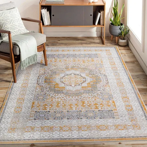 Miniatura 33 de NAAR PAYAS Collection - Alfombra de área de 6 x 9 pies, diseño de medallón crema y azul, no se desprende, resistente a las manchas, para sala