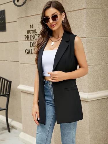 Miniatura 3 de Kedera Chaleco largo sin mangas para mujer chaqueta casual de oficina con solapa
