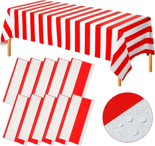 Miniatura 9 de Batiyeer 6 manteles de fiesta de carnaval, mantel a rayas rojas y blancas, mantel rectangular de plástico impermeable para decoración de fiestas