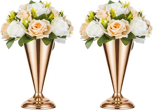2 piezas de jarrón de metal para mesa de boda con flores en forma de trompeta, centro de mesa decorativo de 9.8 pulgadas, arreglos de flores