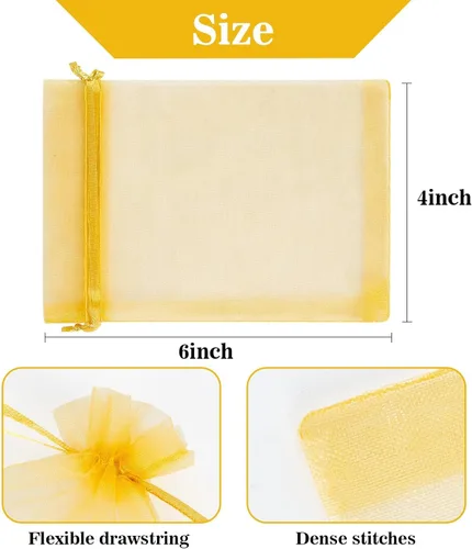 Miniatura 2 de Sukh 100 bolsas de organza doradas de 10 cm x 15 cm, pequeños saquitos de organza, bolsas de regalo con cordón, malla, para joyería, favores, Dorado
