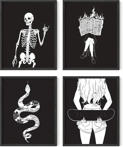 Miniatura 23 de HAUS AND HUES Decoración gótica de pared, juego de 4 impresiones de Halloween, arte de pared de terror y esqueleto, obra de arte espeluznante