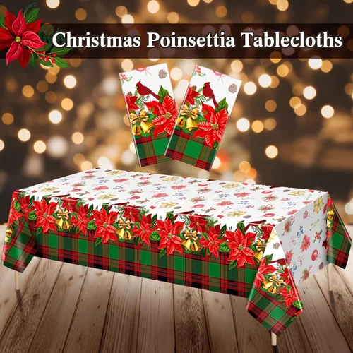 Miniatura 4 de Peryiter 2 piezas de mantel de plástico de Navidad alegre, 54 x 108 pulgadas, rojo de invierno, flor, loro, desechable, para decoración de fiesta