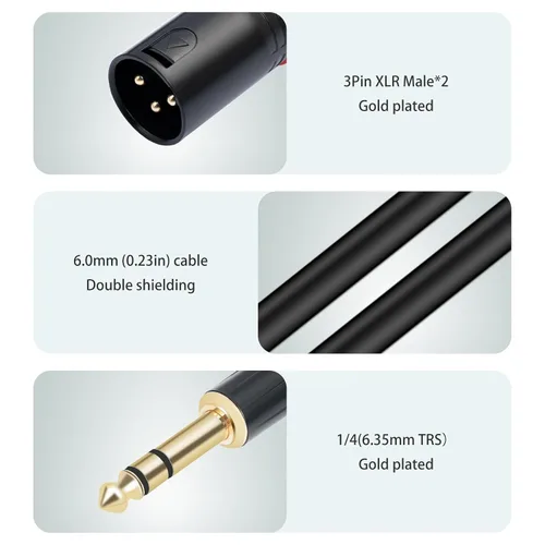 Miniatura 5 de 1/4 TRS a doble XLR macho Y-Splitter Cable de conexión estéreo de 1/4 pulgadas (0.250 in) a 2 XLR Cable de conexión de 3.3 pies