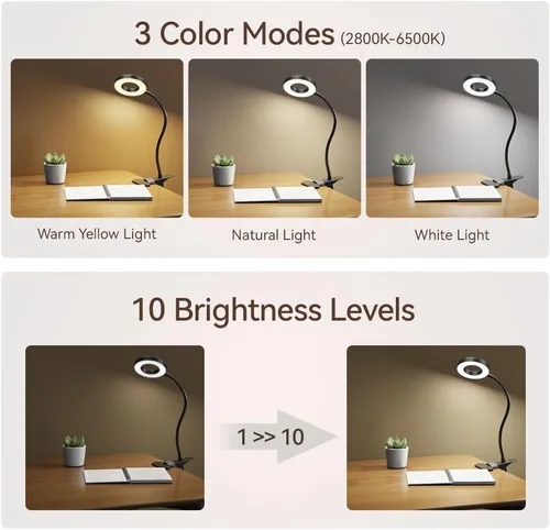 Miniatura 2 de Lámpara LED de escritorio con clip con 3 modos de color, 10 anillos de brillo/luz de abrazadera, cuello ajustable de 360°, regulable, protección
