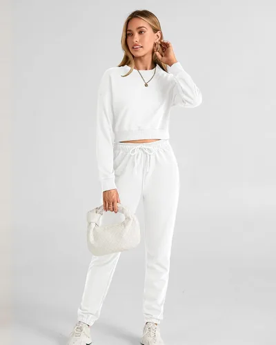Miniatura 77 de BTFBM Conjunto deportivo de 2 piezas para mujer, camiseta corta de manga larga, sin botones, pantalón con cordón ajustable, pantalones deportivos