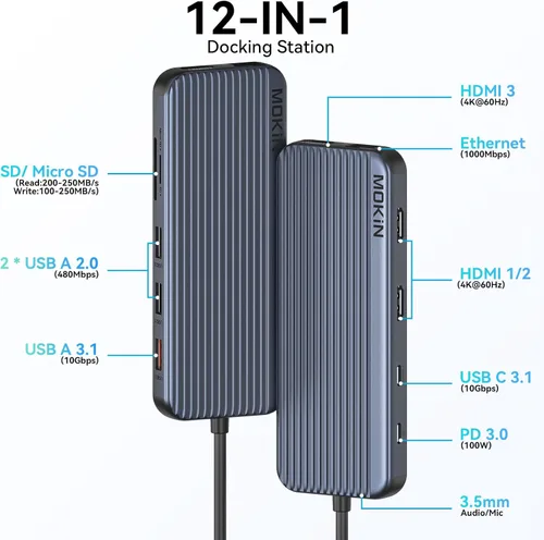 Miniatura 2 de Estación de acoplamiento USB C 3 HDMI, estación de acoplamiento 12 en 1, pantalla triple, base para monitor doble, concentrador USB-C 3 HDMI